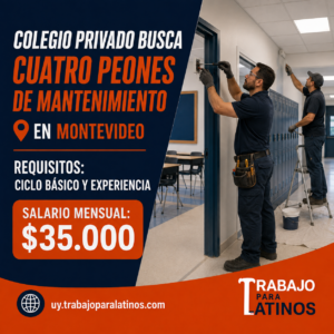 Colegio privado busca cuatro peones de mantenimiento en Montevideo con ingreso inmediato